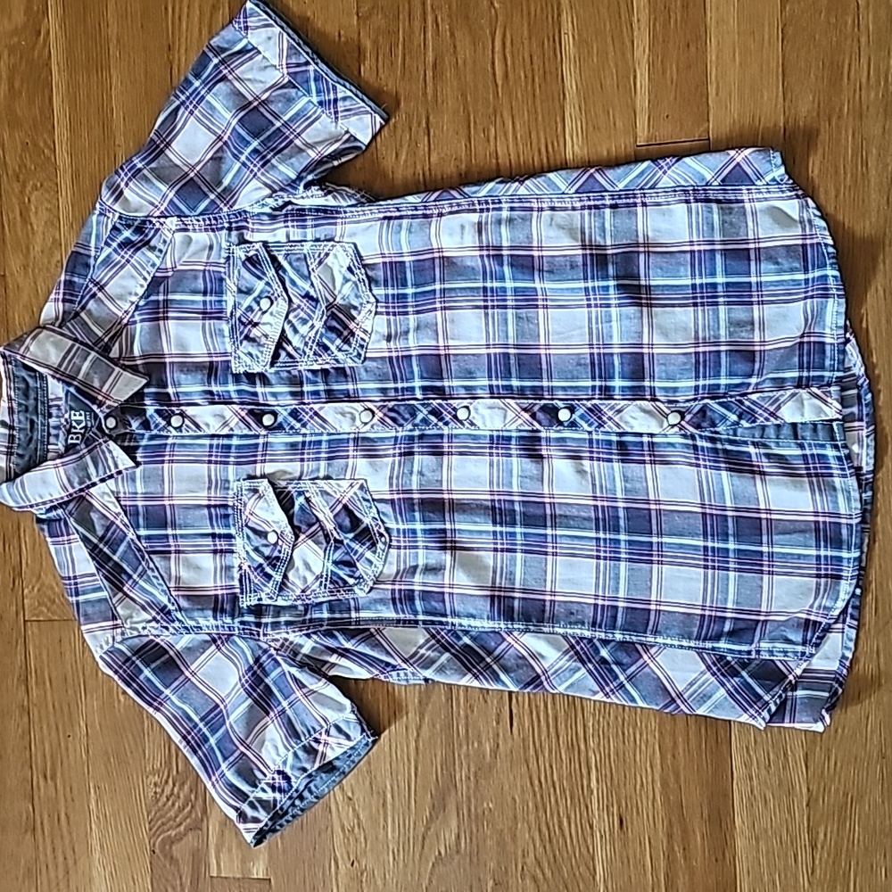 BKE Short Sleeve Blue White Plaid Western Shirt Young Men's Size Small